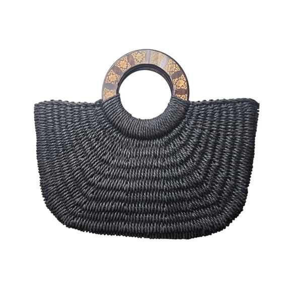 Coldwater Creek Black Straw Wooden Handbag - Picture 1 of 10